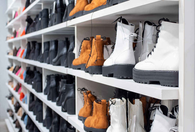 different women's leather shoes in a store