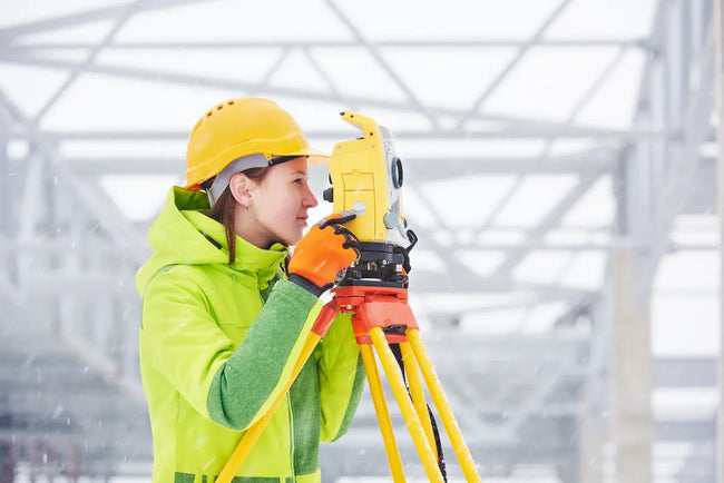 a female engineer in winter work gloves works with a surveyor