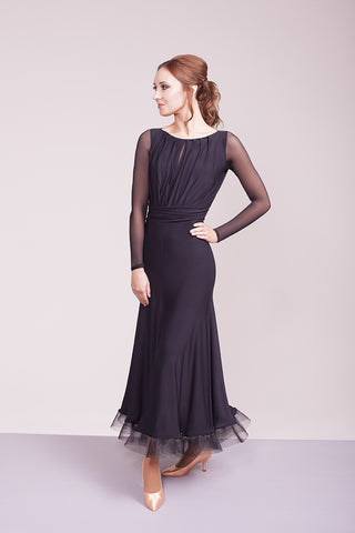 evermore black ballroom dress with sheer long sleeves from dancewear for you australia