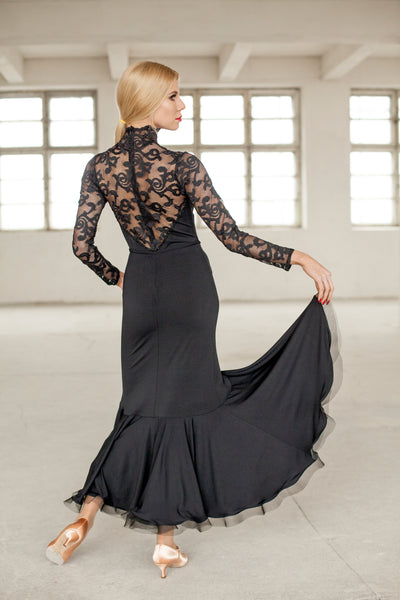 long ballroom dress or evening wear dress in black with high neckline with long lace sleeves and lace covered back and neckline in vintage design from dancewear for you australia