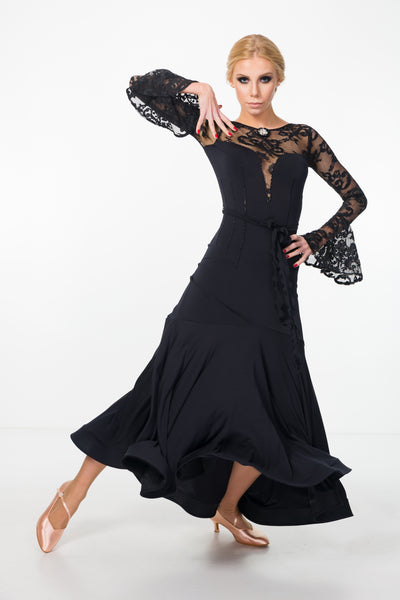 black ballroom dress or evening dress with lace and long lace floaty sleeves from dancewear for you australia