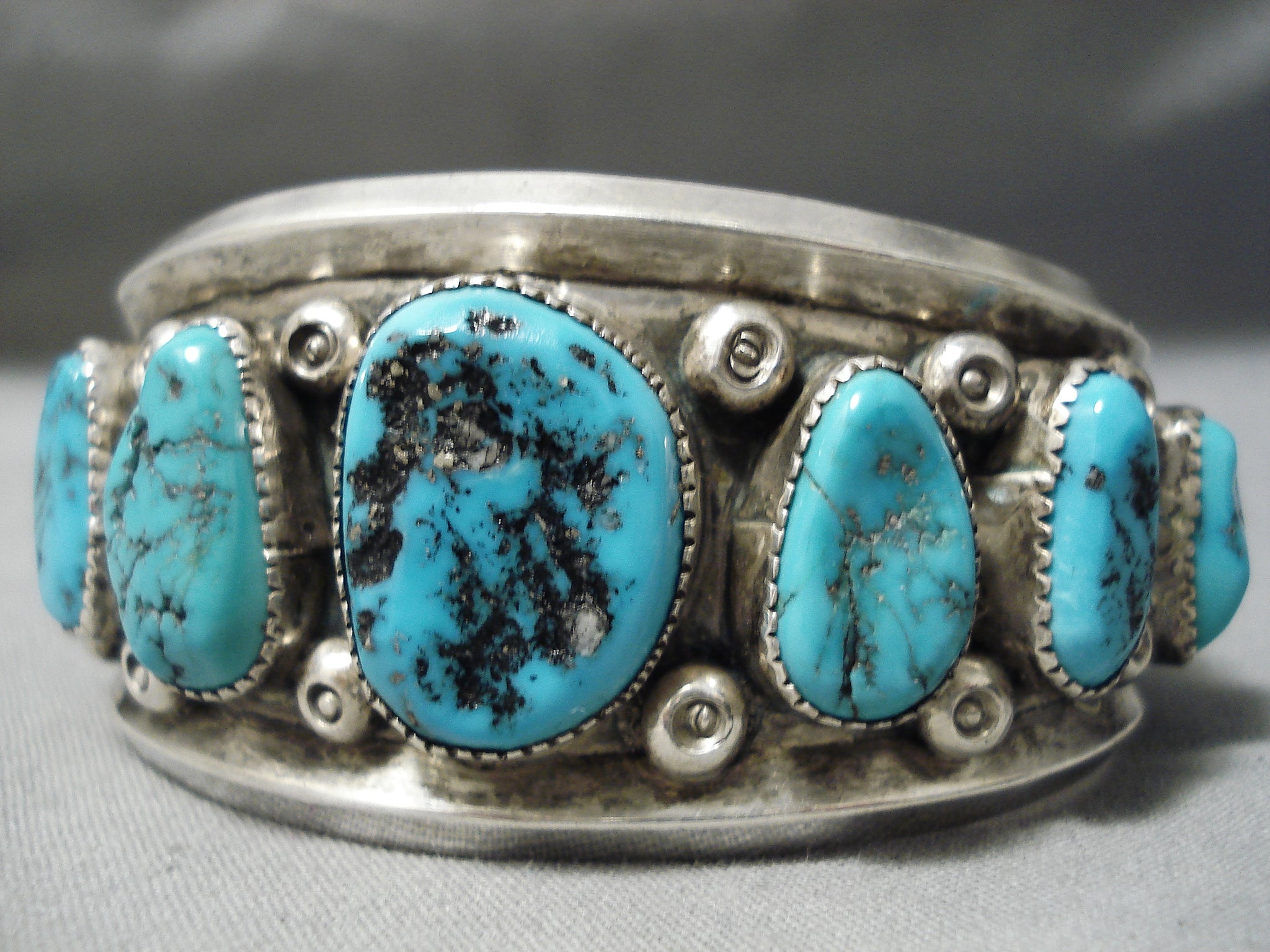 Native American Heavy Thick Sterling Silver Shell Bead Turquoise Brace ...