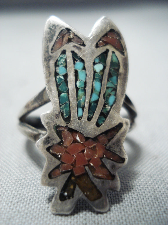 Unique Vintage Native American Navajo Turquoise Coral Chip Inlay Sterl Nativo Arts