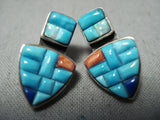 Intricate Vintage Native American Zuni Turquoise Coral Inlay Sterling Silver Earrings-Nativo Arts
