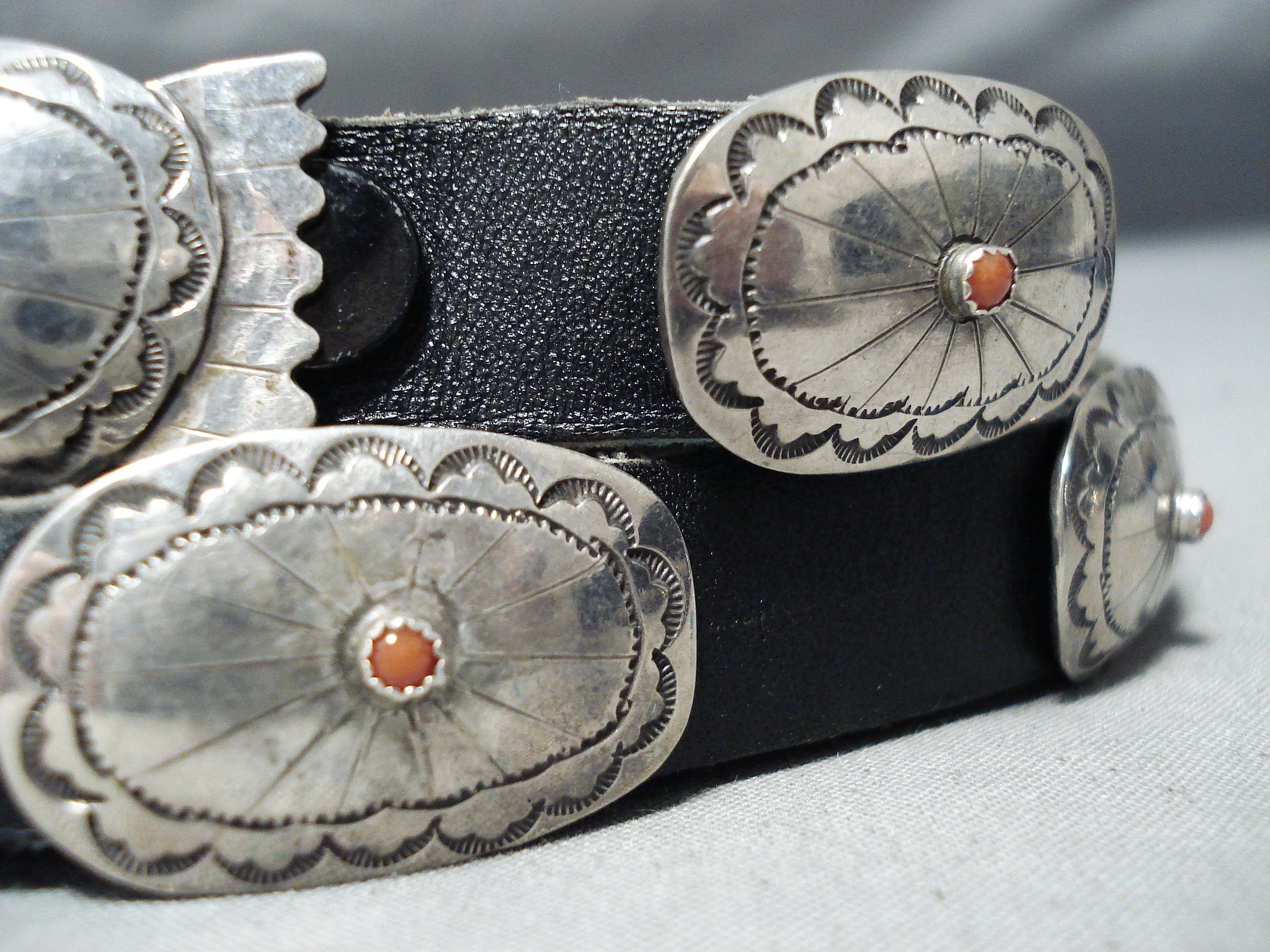 Amazing Vintage Navajo Coral Sterling Silver Concho Belt Native Americ ...