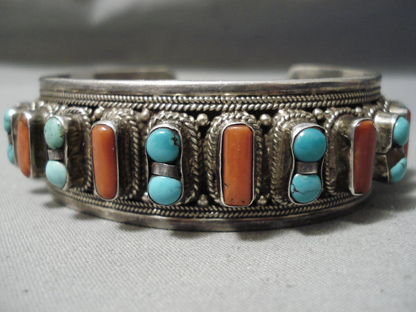 Tremendous Vintage Native American Navajo Coral Dual Turquoise Sterlin ...