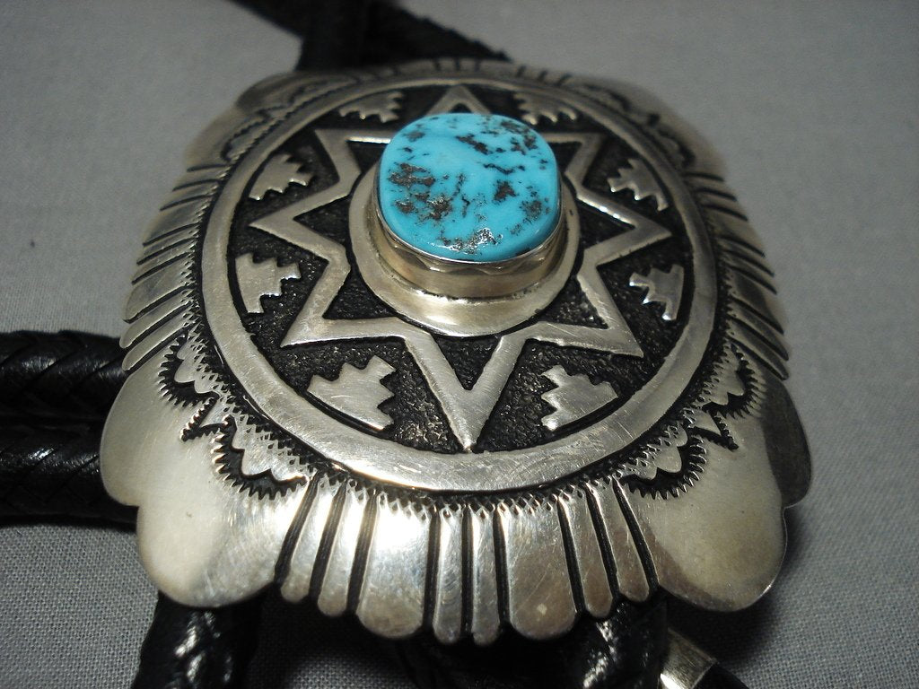 Huge Authentic Vintage Native American Jewelry Navajo Thomas Singer  Turquoise Sterling Silver Bolo Tie
