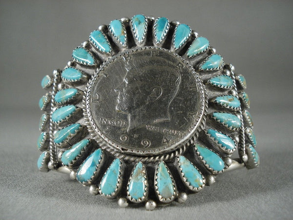 Huge Vintage Navajo Native American Jewelry Silver Coin Turquoise Bracelet