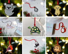 alternative christmas baubles, cute animal christmas decorations, animal christmas tree baubles, animal hanging decorations
