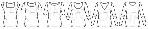 Squared neck v-neck round crew neck turtle neck tee sewing pattern