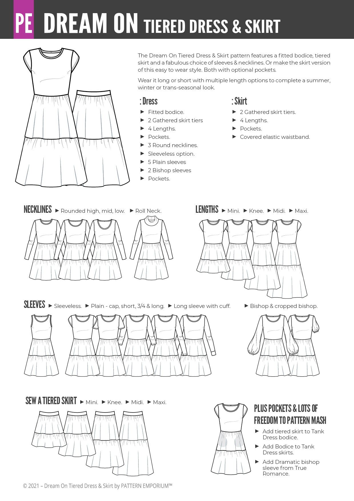 Tiered Dress & Skirt PDF Sewing Pattern - Dream On