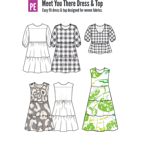 Line drawing Meet You There Tiered Dress & Top sewing pattern by Pattern Emporium