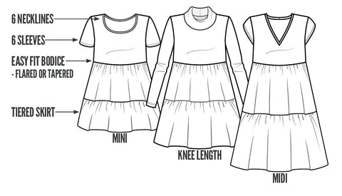 Easy Fit Tiered Dress Sewing Pattern LINE DRAWING Pattern Emporium