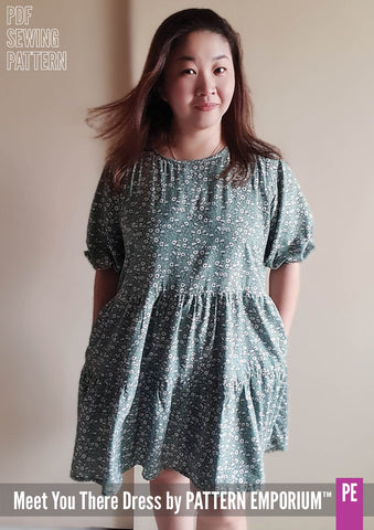 Woven tiered skirt dress with balloon puff sleeves sewing pattern