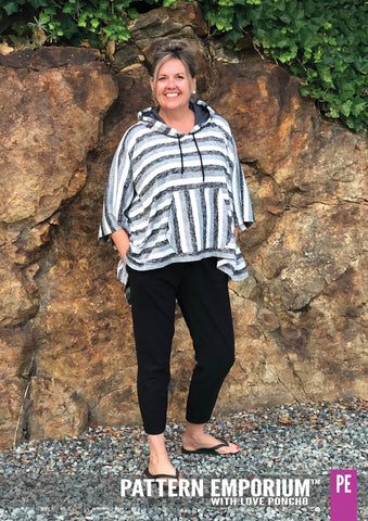 Striped poncho with hood and kangaroo pocket - sewing pattern by Pattern Emporium