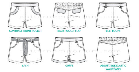 Girls Shorts Sewing Patterns cuffs, pockets, tabs