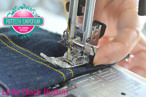 Sewing denim and thick fabrics using the pressure foot black button bumper Pattern Emporium