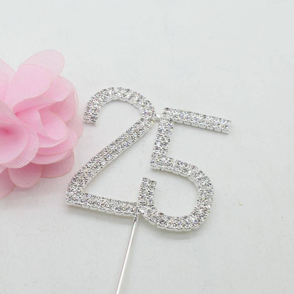 25 Number Crystal Rhinestone 25th Anniversary Cake Topper Faux Diamond Silver Diamante 