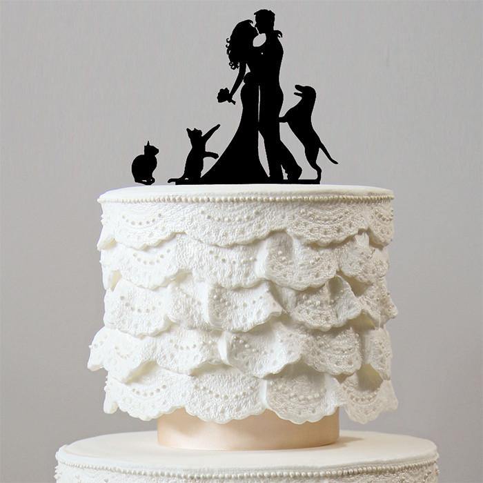 Romantic Wedding  Cake  Topper  1 Dog  2 Cats Happy Family 