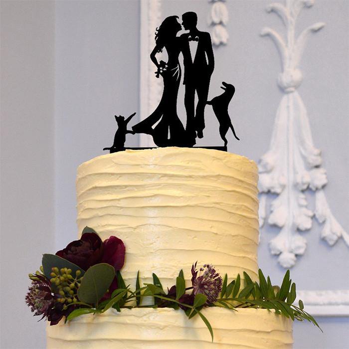 Wedding Cake Topper 1 Dog 1 Cat Happy Family Bride Groom Pets