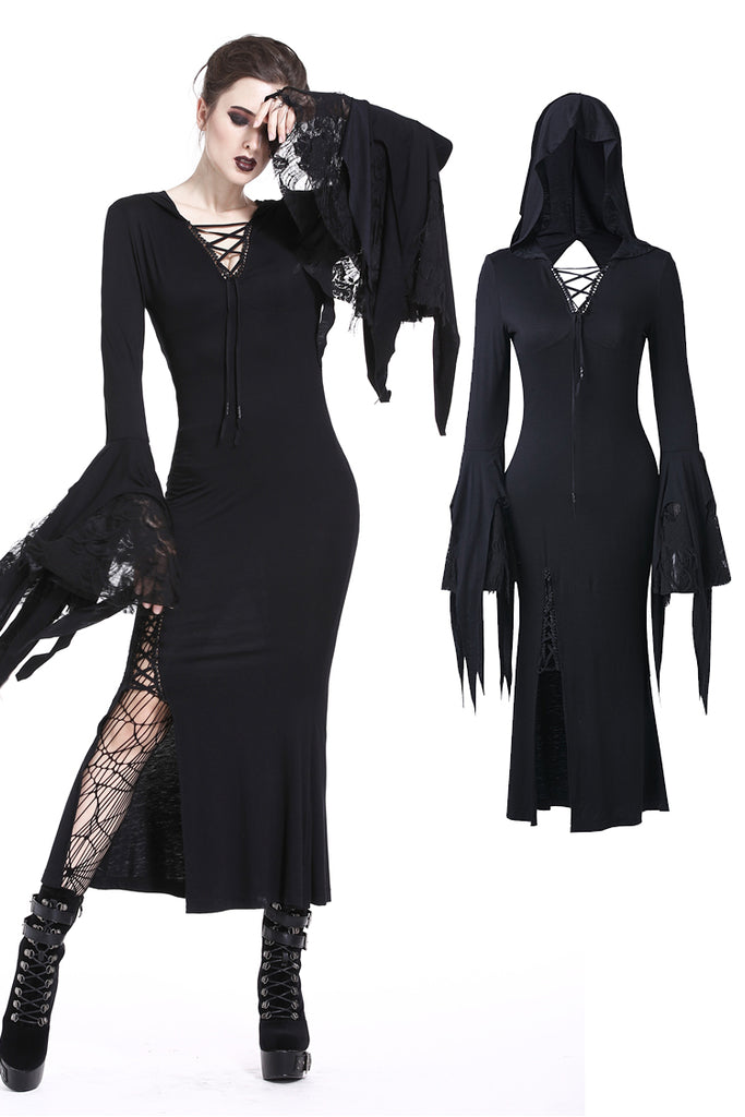 Holloween gothic slit hem witch sleeve hooded dress DW200 – Gothlolibeauty