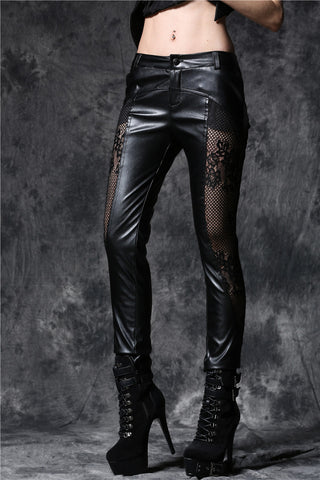 Gothic punk leather pants with lace and elegant curve segmentation PW0 ...