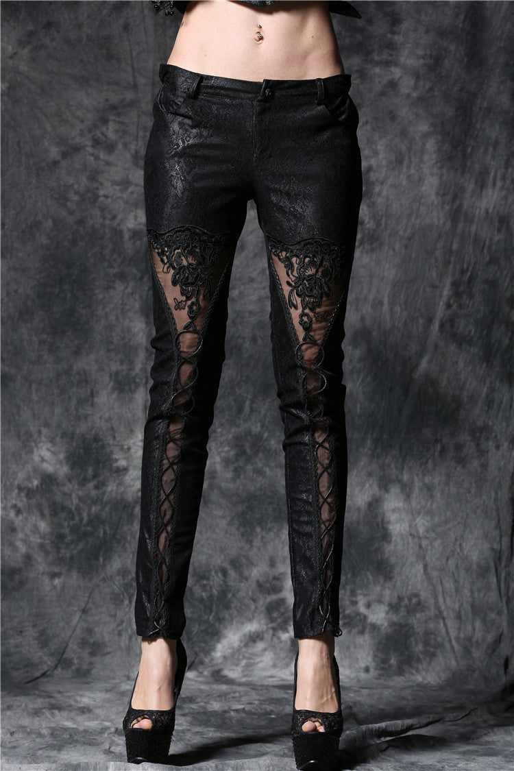 PW078 Gothic embossed lace leather pants with sexy flower and cords ...