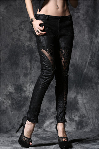 Gothic embossed lace leather pants with sexy flower and cords PW078 ...