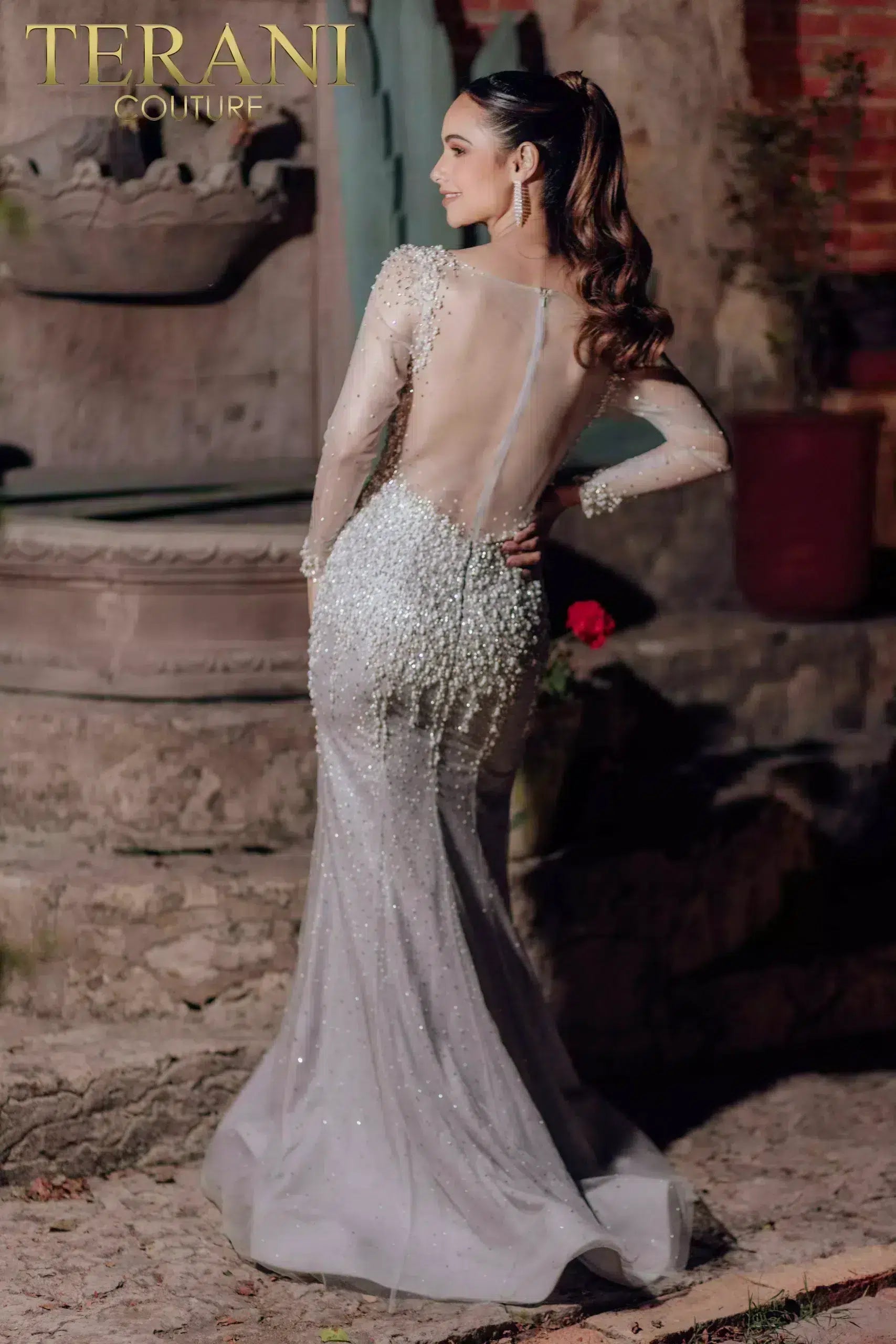 Terani Couture 232gl1454 Beaded Long Sleeve Mermaid Formal Evening Dress In Gray