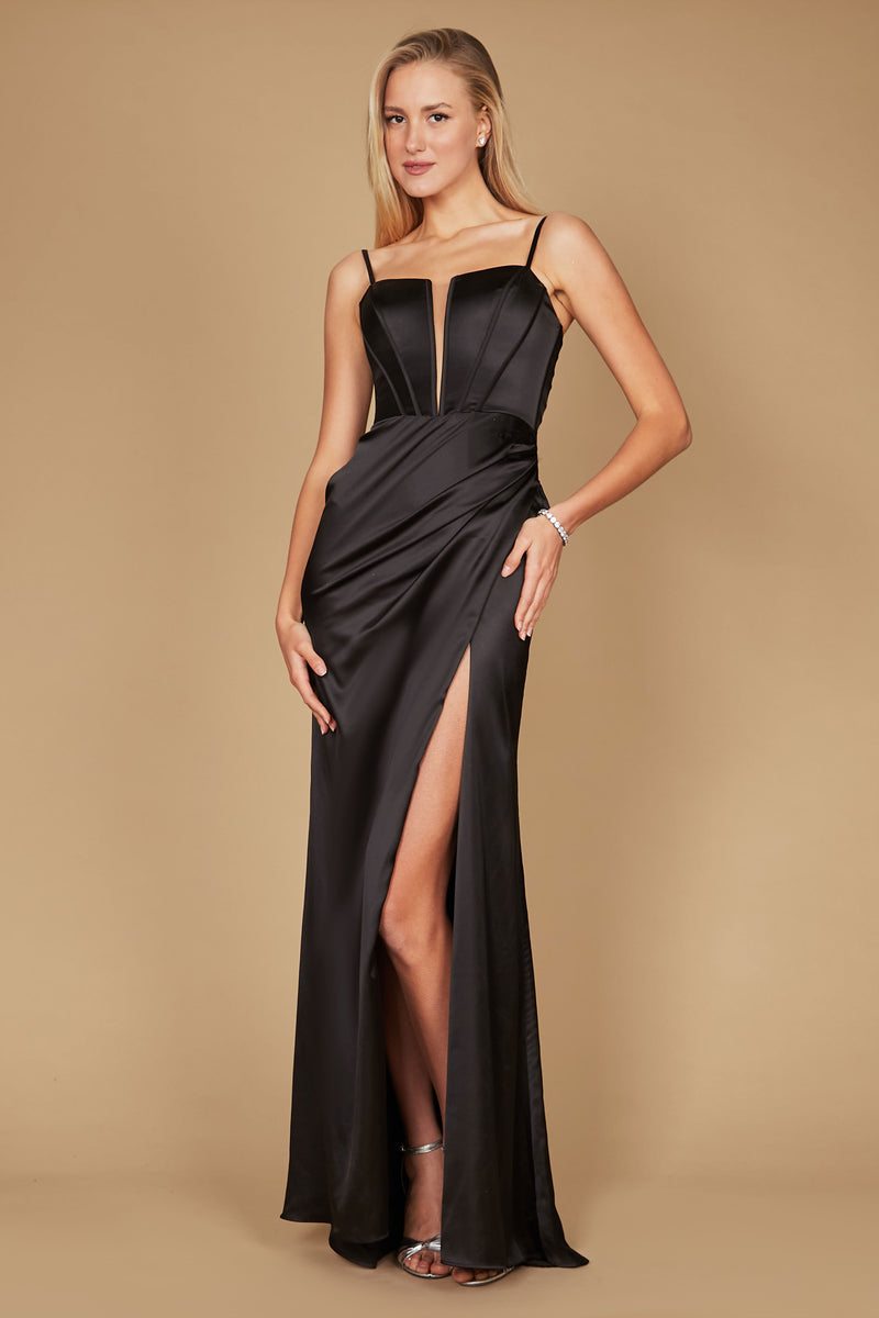 Sultry Sophistication Black Satin Backless Maxi Dress