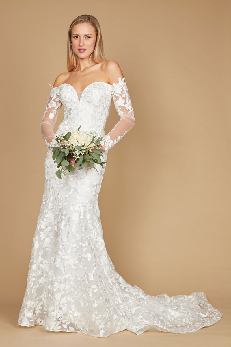 Beaded Lace Appliqued 3/4 Sleeve V Neck Bridal Gown - Promfy