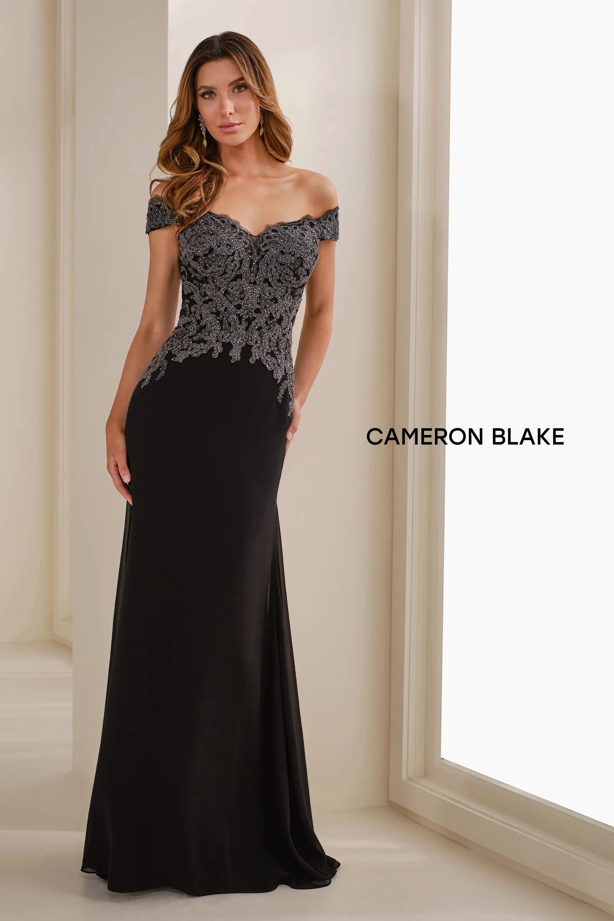 Cameron Blake Cb907 Long Formal Lace Applique Evening Dress In Multi
