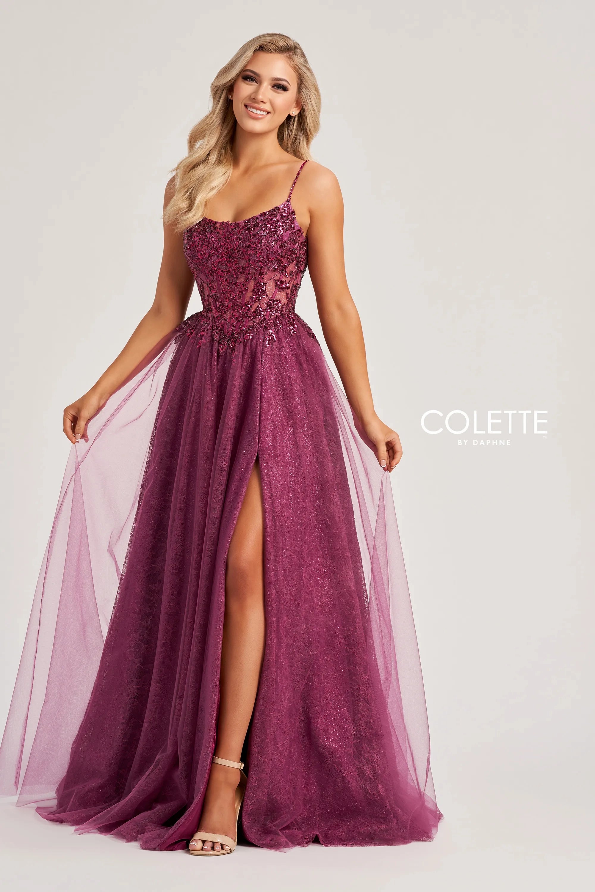 Colette By Daphne Cl8240 Long Slit A Line Sequin Formal Prom Dress In Purple