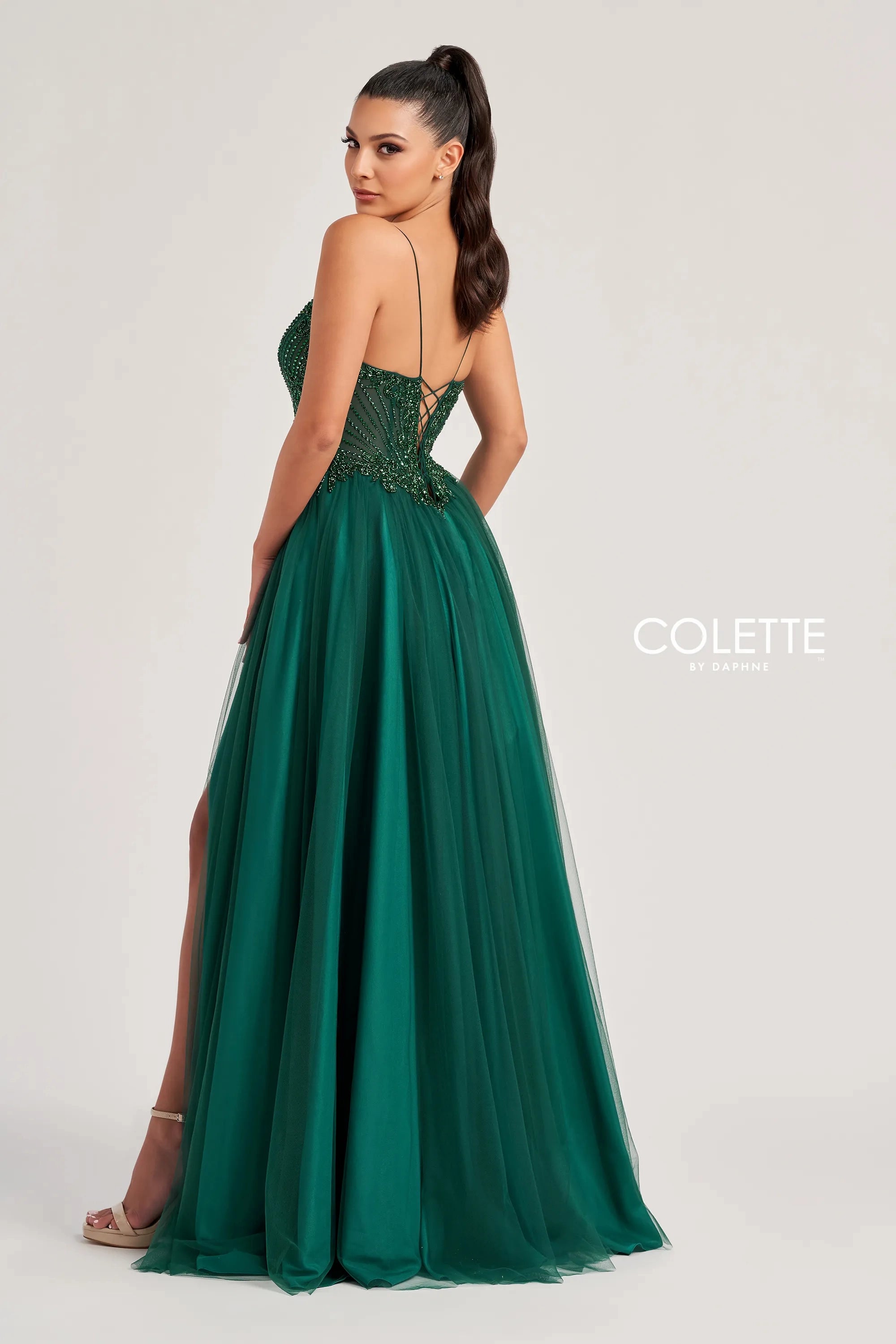 Colette By Daphne Cl8250 A Line Beaded Long Slit Formal Prom Dress In Green