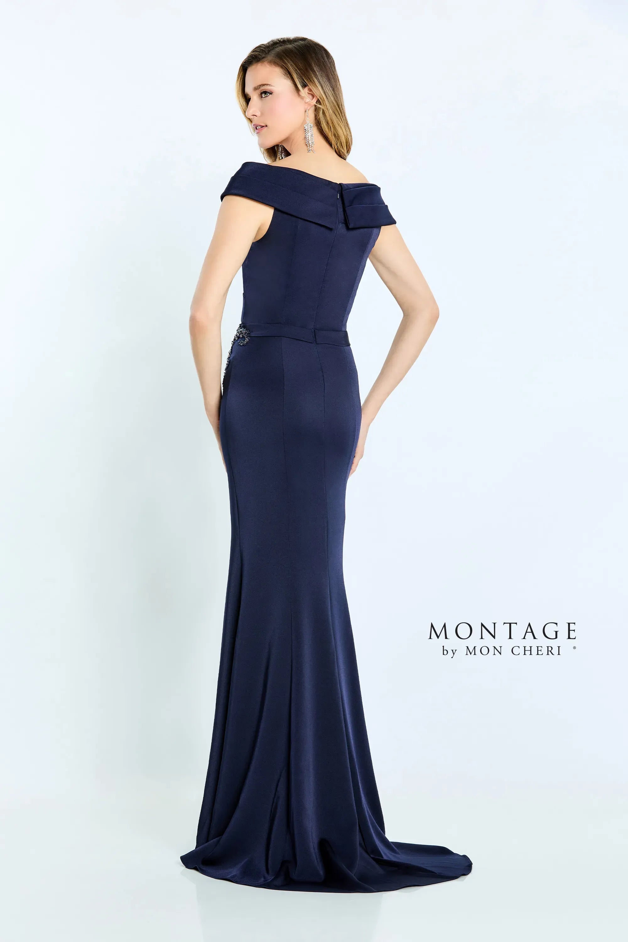 Montage M502 Pleated Long Formal Beaded Mermaid Dress In Sand