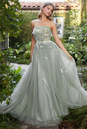 in Stock Ladivine CR864 Size 4 Blush Long Tulle A Line Feather Sequin Strapless Ballgown Prom Dress