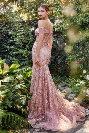in Stock Ladivine CR864 Size 4 Blush Long Tulle A Line Feather Sequin Strapless Ballgown Prom Dress
