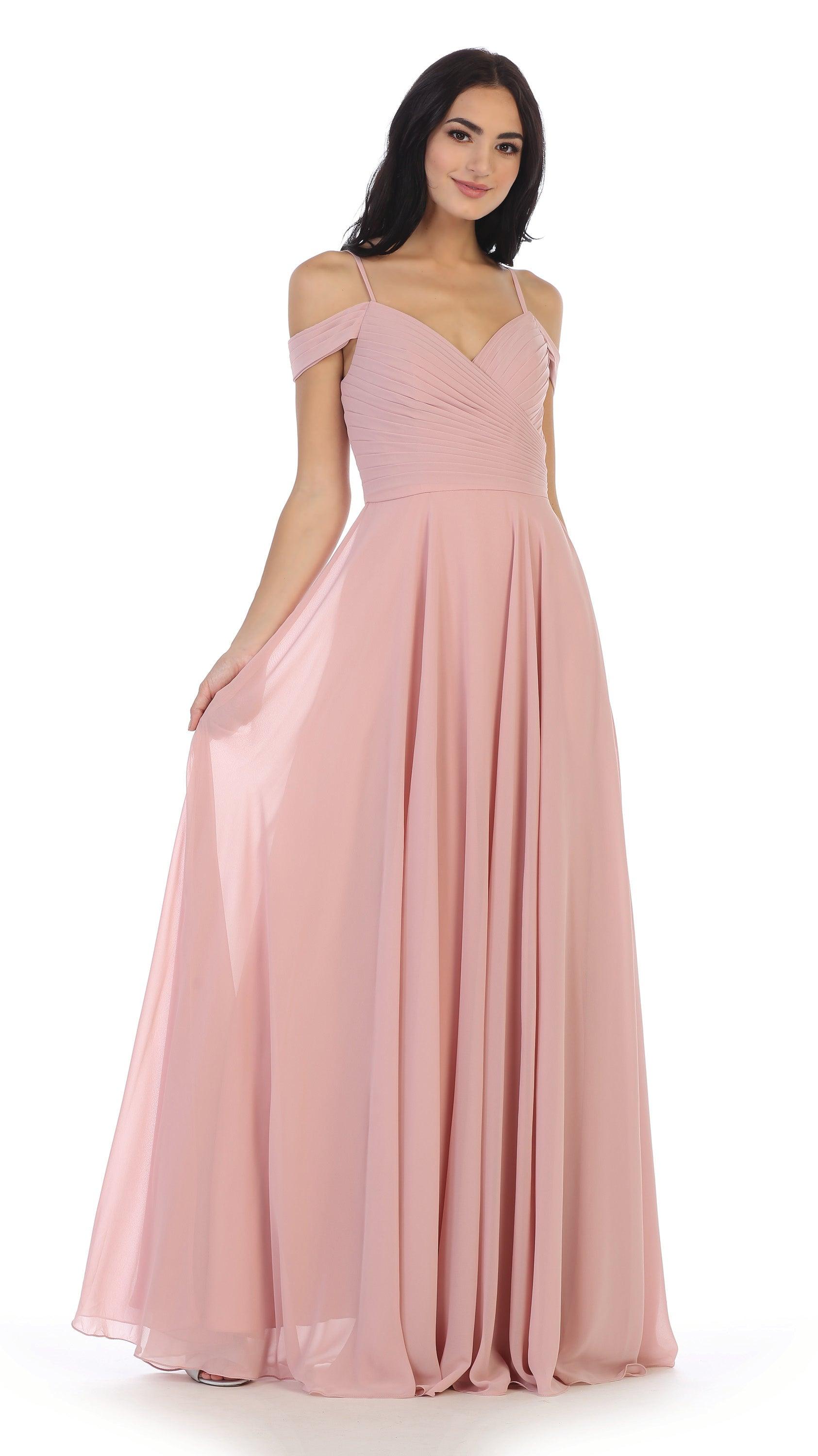 Long Bridesmaids Pleated Off Shoulder Chiffon Gown | The Dress Outlet