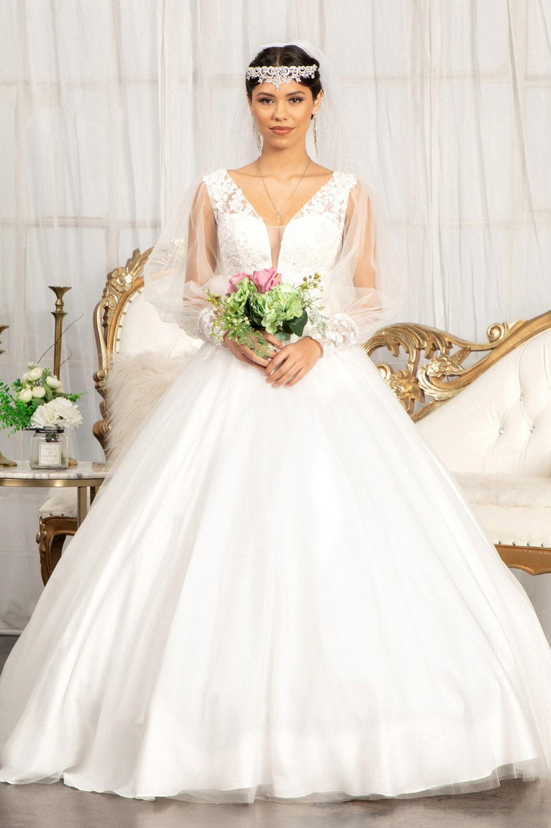 Ladivine CDS433W Sheer Lace Long Sleeve Bridal Ballgown Classy Wedding