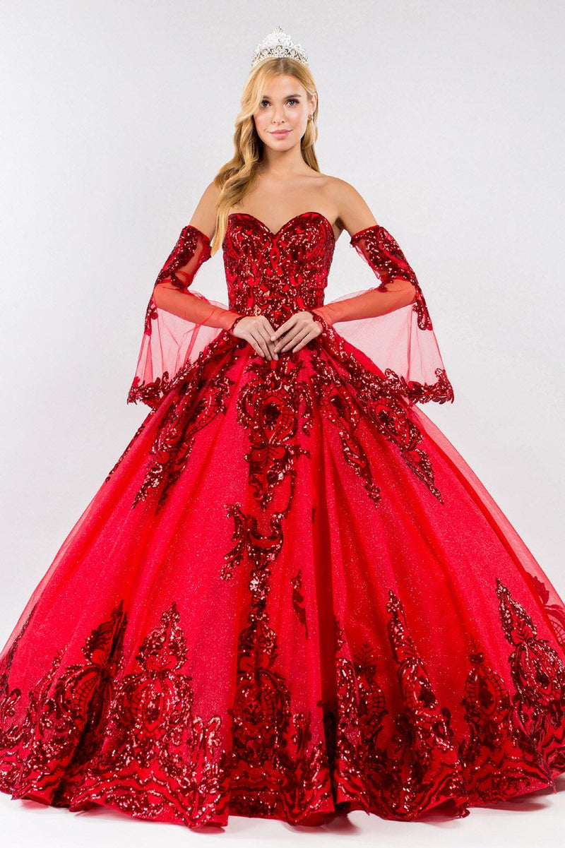 Red corset beaded quinceanera dress.