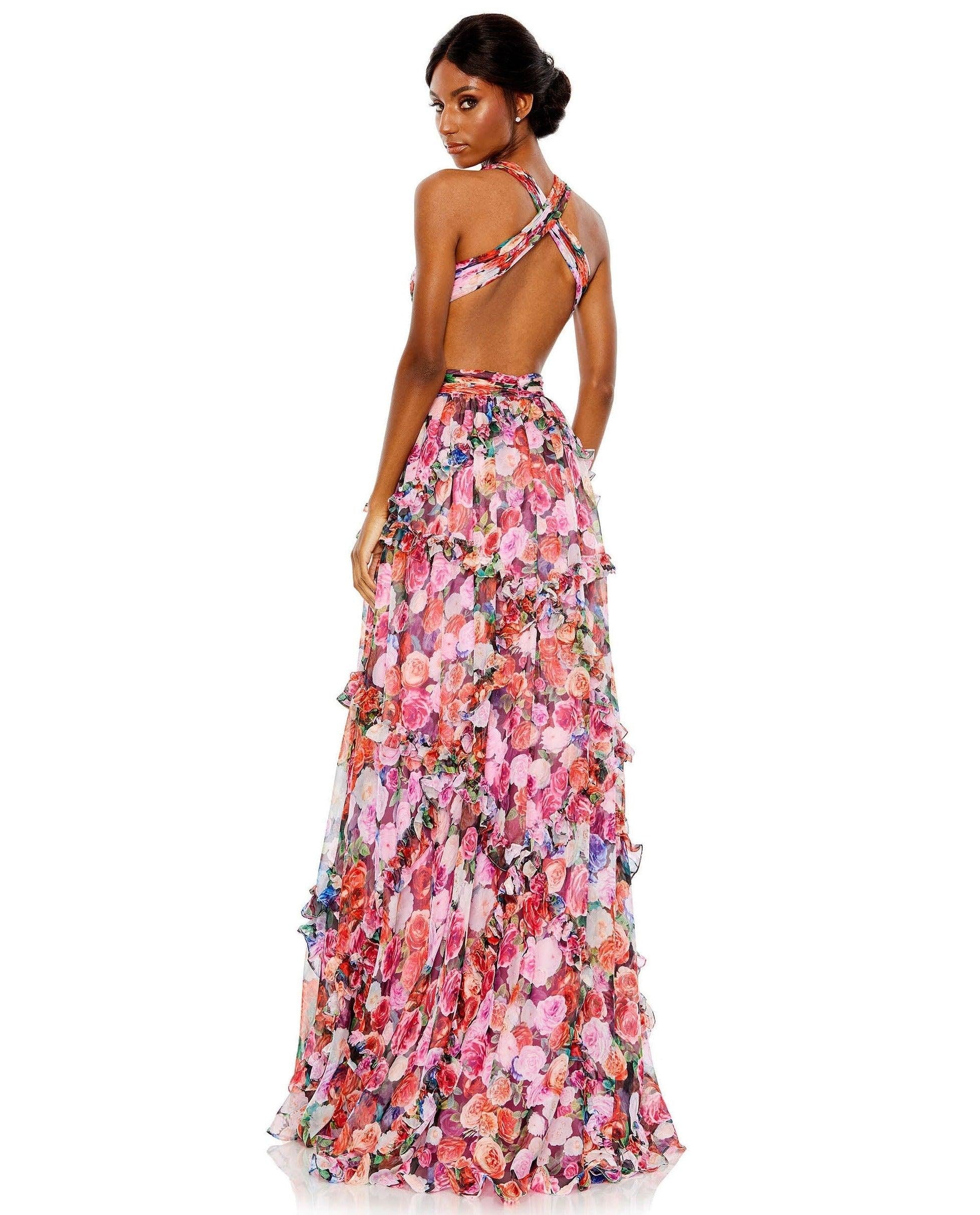Mac Duggal 68076 Long Floral Chiffon Prom Gown | The Dress Outlet