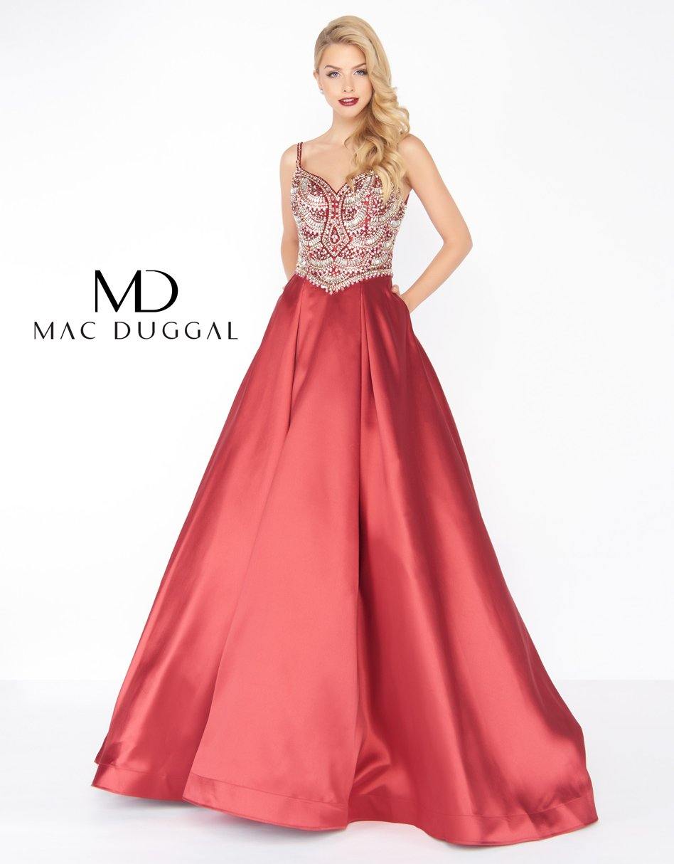 Mac Duggal 66285 Prom Long Beaded Satin Ball Gown | The Dress Outlet