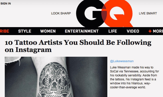 Luke Wessman and GQ magazine. top ten tattoo artist to follow 