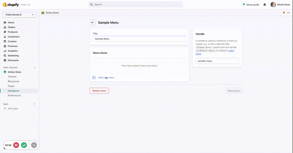 Gif on how to add a menu item to a Shopify navigation in the admin