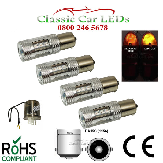 1x Canbus BRIGHT AMBER LED INDICATOR BULBS BA15S P21W GLB382 No Hyperflash  – Classic Car LEDs Ltd