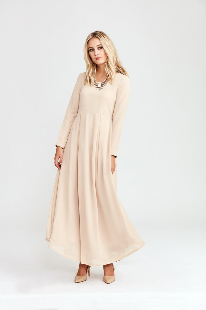 beige maxi dress with sleeves