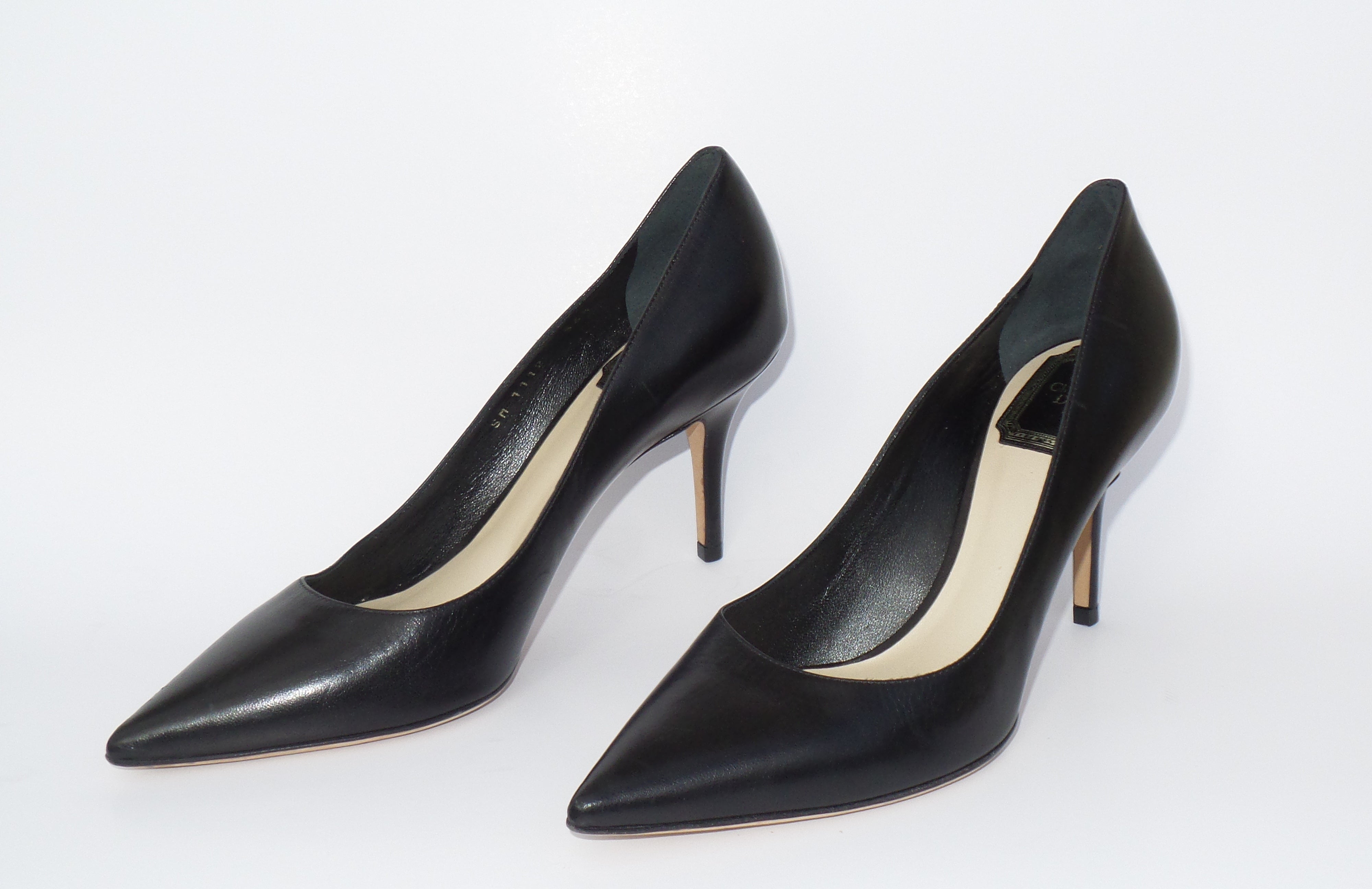 CHRISTIAN DIOR Cherie 8cm Black Leather Pointy Toe Classic Pumps 36.5 ...