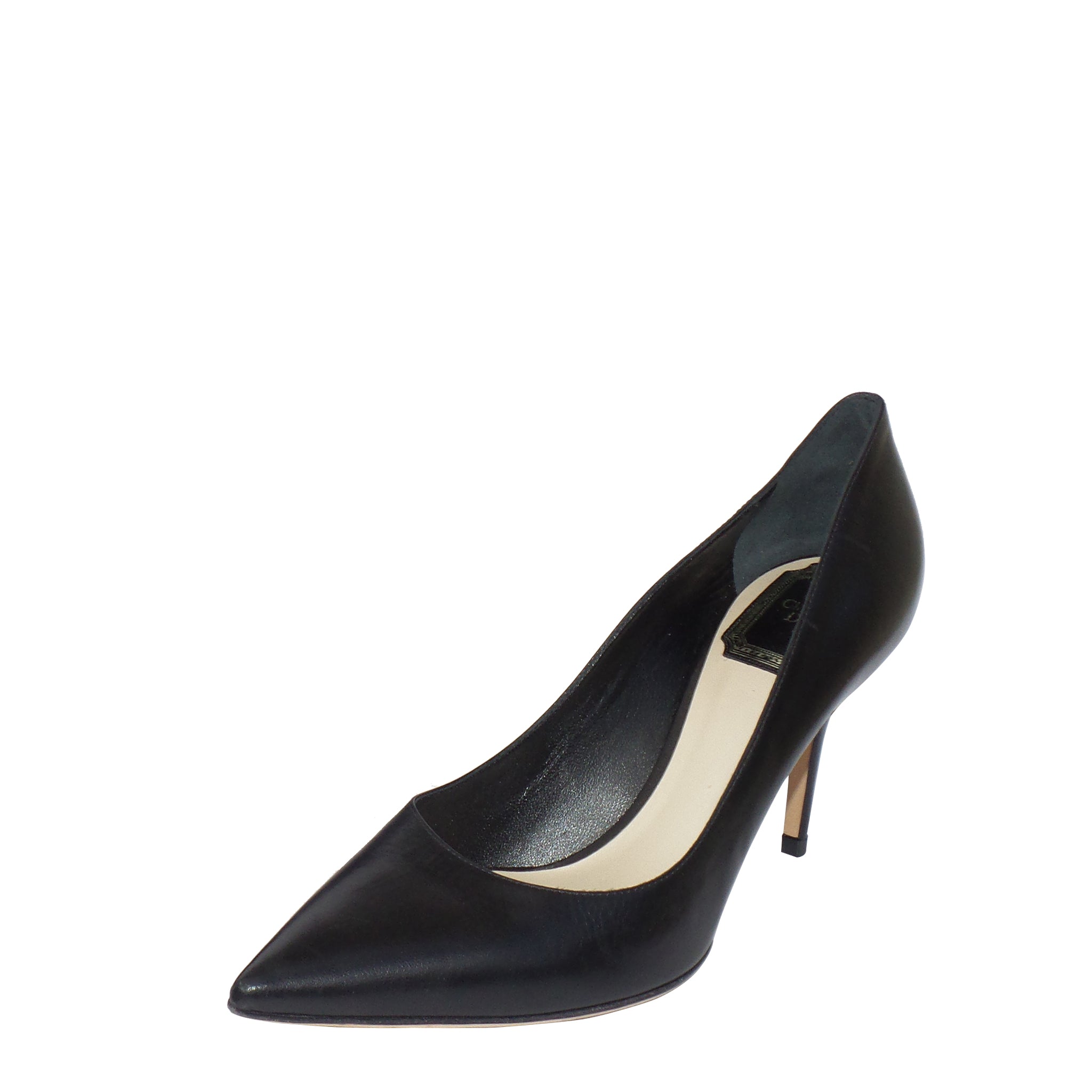 CHRISTIAN DIOR Cherie 8cm Black Leather Pointy Toe Classic Pumps 36.5 ...
