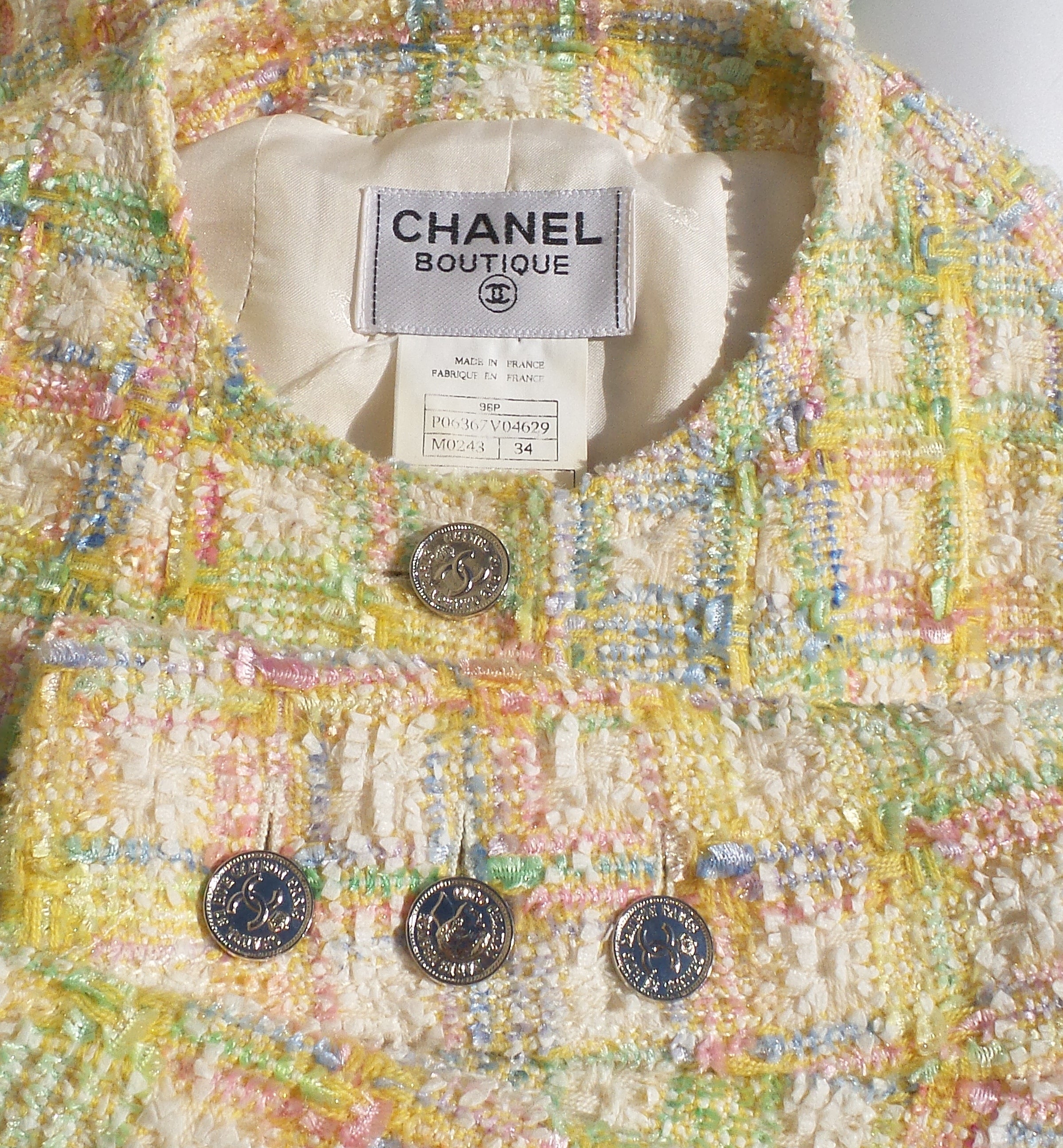 'Sold' CHANEL 96P Yellow Pink Purple Tweed Silver CC Button Coat Jacke ...