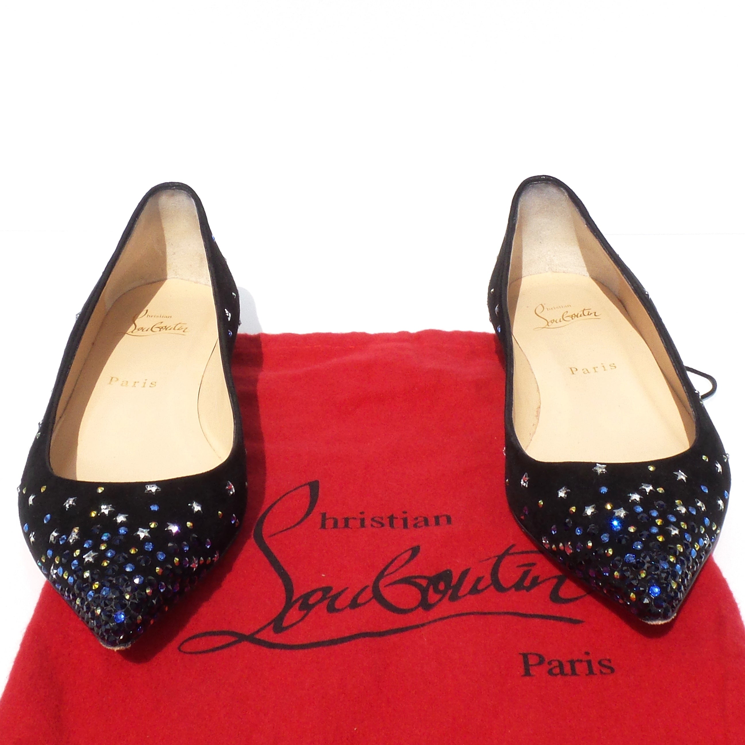 $995 CHRISTIAN LOUBOUTIN Gravitanita Black Suede Star Crystal Ballet Flats  37.5